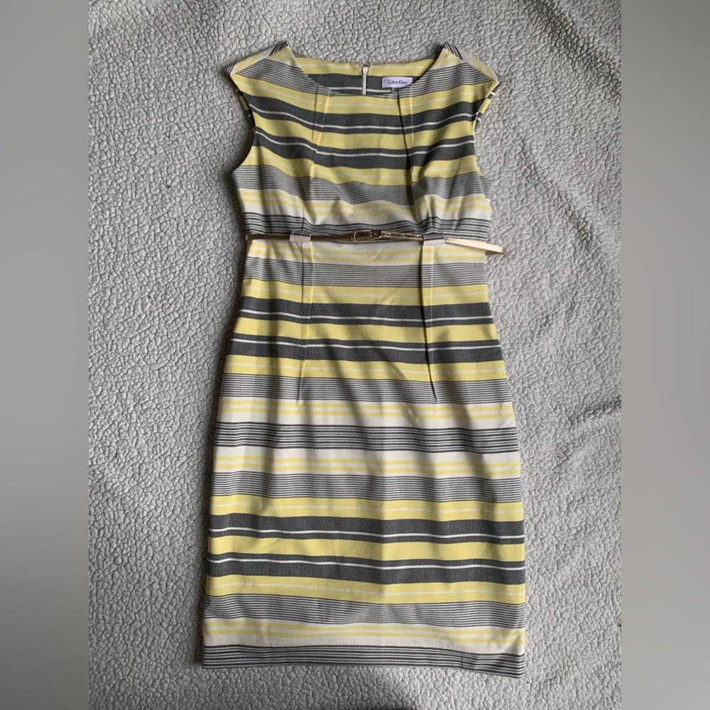 Calvin Klein dress, size 10, gray, white and yellow striped with gold belt.